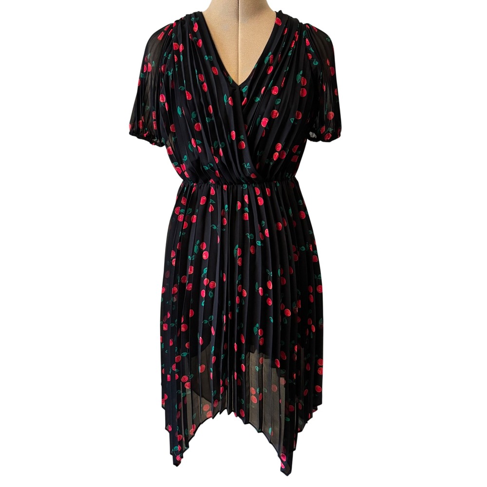 The Kooples Paris Preppy Cherry Print Pleated Asymmetric Dress Midi Size 0